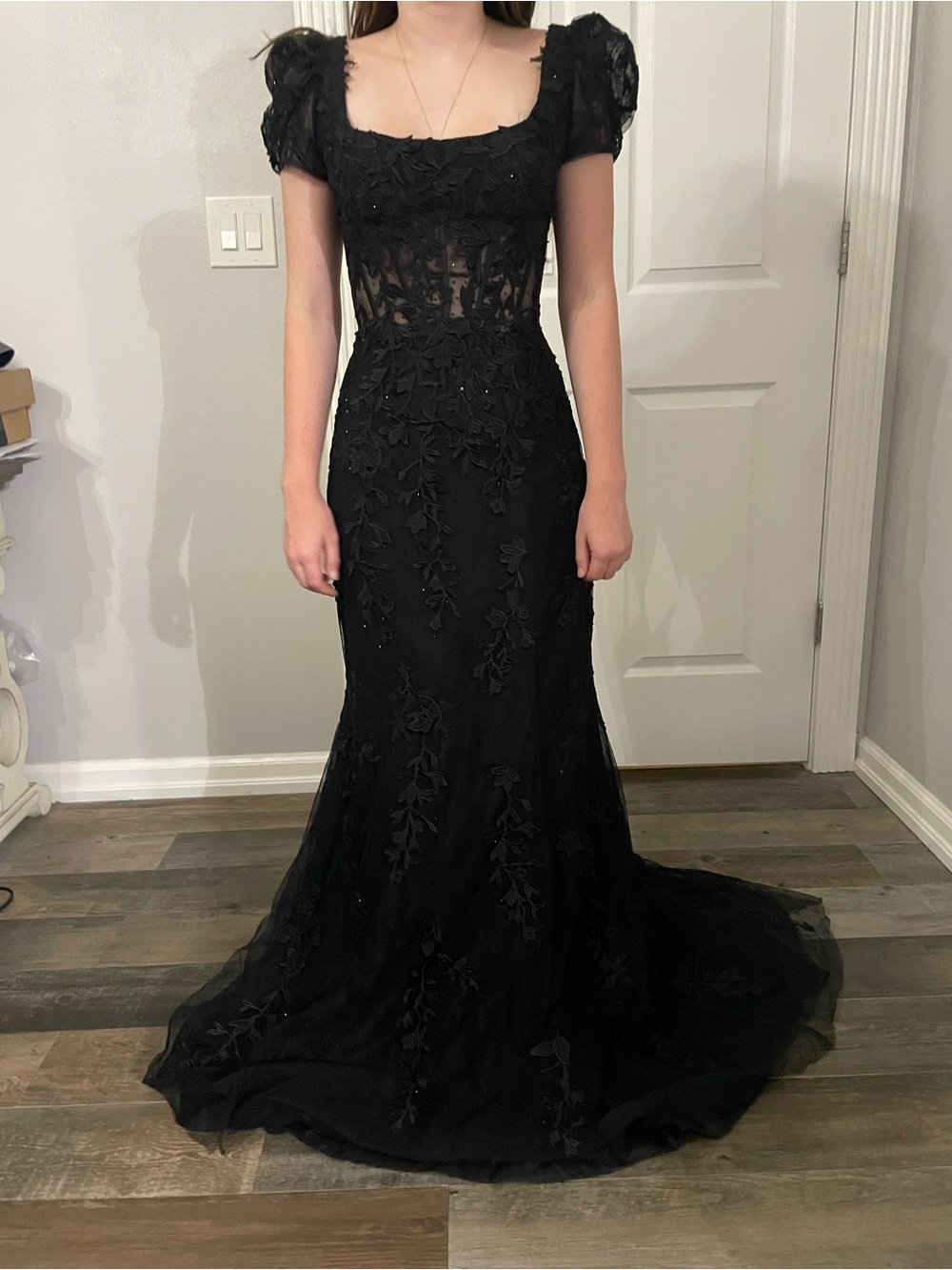 Sherri Hill Black Lace Floral Appliqué Prom Gown